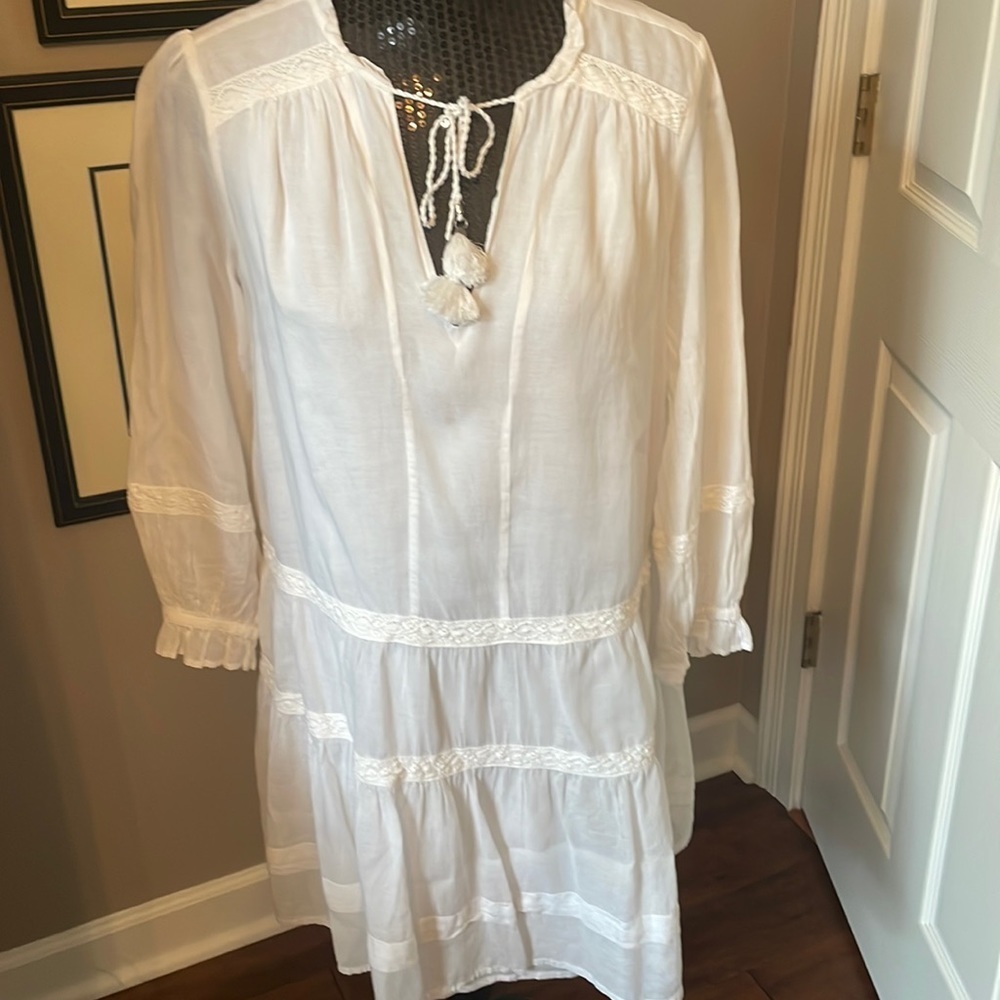 PAIGE White Long Sleeve Boho Tunic Dress with Tassel Tie